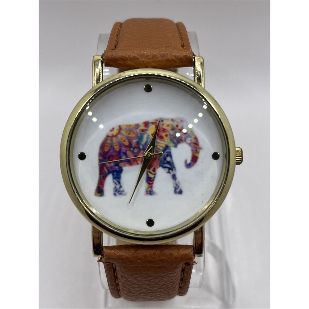 Elephant Dial Women's Quartz Watch Brown Faux Leather Band 39mm Case New Battery